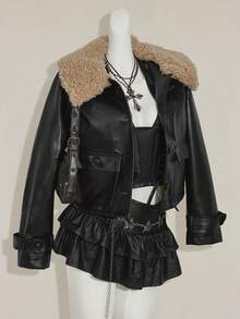 SHEIN ICON Y2k 秋季女款黑色外出撞色仿毛领长袖单排扣 PU 皮革时尚夹克短款皮夹克黑色皮夹克女款仿毛领夹克皮夹克带毛领短款黑色夹克 - 黑色 - 查看 1