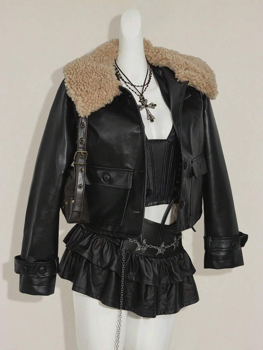 SHEIN ICON Y2k 秋季女款黑色外出撞色仿毛领长袖单排扣 PU 皮革时尚夹克短款皮夹克黑色皮夹克女款仿毛领夹克皮夹克带毛领短款黑色夹克 - 黑色 - 查看 1