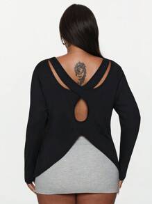 Rhythm Era Plus Size Women's Minimalist Breathable Solid Color Backless Long Sleeve Sports T-Shirt Y2k Jesus Glowmode - Black - View 5