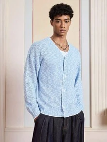 Manfinity VCAY Casual Button-Up Long Sleeve Cardigan For Men, Suitable For Everyday Wear, For Fall Winter - Blue - View 3