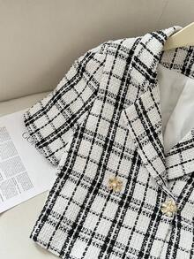 Modelyn Blazer corto casual de cuadros para mujer, de verano - Blanco y Negro - Ver 6