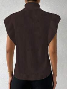 Chiquease Women's Solid Color High Collar Cap Sleeve Knit Casual Pullover Sweater Vest - Coffee Brown - View 2