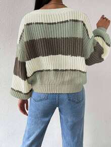 EMERY ROSE Women's Casual Loose Fit Contrast Color Round Neck Drop Shoulder Long Sleeve Sweater, Autumn