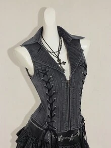 SHEIN ICON Áo croptop nữ buộc dây, kiểu dáng retro Y2K gợi cảm, phá cách, dễ thương, áo corset cổ yếm ôm sát, áo kiểu Gothic, quần áo Gothic nữ, áo đen nữ, quần áo Gothic mùa hè, áo corset nữ, áo đen. - màu đen - Xem 8