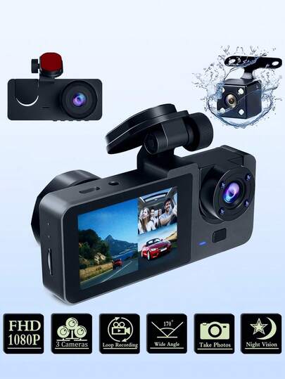 Teckwe 1 件，前后及内部行车记录仪，汽车用 3 镜头行车记录仪，1080P FHD DVR 汽车仪表板摄像头，带循环录制，车载摄像头，2 英寸显示屏，不包括 SD 卡