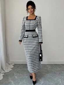 Elenzga Women's Elegant Autumn Long Sleeve Jacquard Black & White Decorative Pocket Plaid Textured Bodycon Maxi Dress, Versatile For Commute And Date