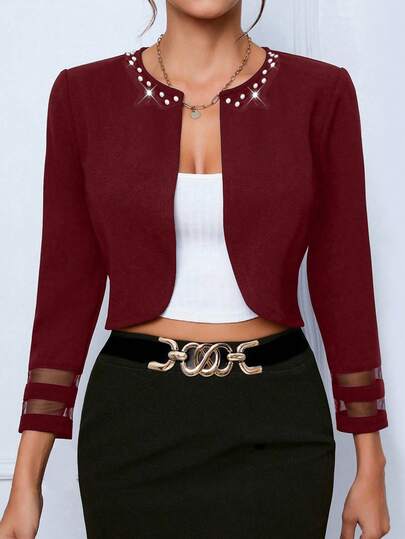 SHEIN Lady 2025 New Autumn And Winter Elegant Casual Burgundy Knitted Round Neck Beaded Long Sleeve Plus Size Coat Business Casual Women Going Out Work , Four Seasons