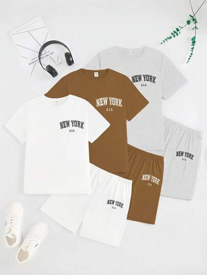 SHEIN 返校时尚三件套/青少年男童休闲字母印花图案短袖T恤和短裤家居服套装 男童图案T恤套装 男童夏季套装