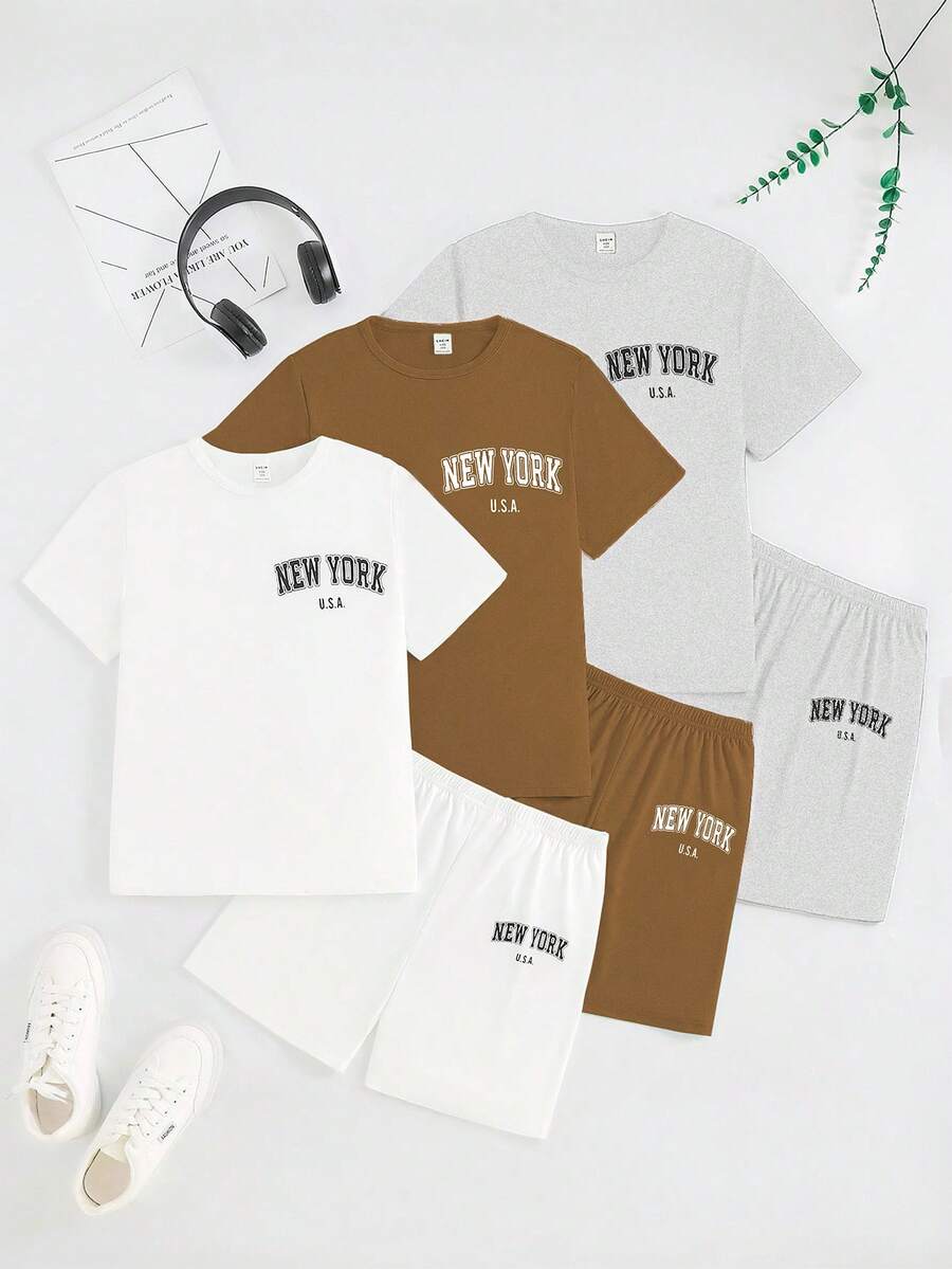 SHEIN 返校时尚三件套/青少年男童休闲字母印花图案短袖T恤和短裤家居服套装 男童图案T恤套装 男童夏季套装 - 彩色 - 查看 1