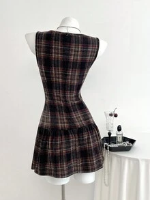 Elamini Vintage Collegiate Style Brushed Plaid Mini Dress - Multicolor - View 2