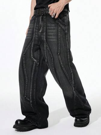 Street Life Jeans droits décontractés et polyvalents à jambe large avec boutons et poches pour hommes