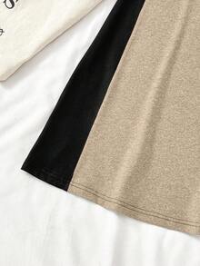 Tween Girls' Casual Vacation Black & Grey Patchwork Knit Polo Collar Short Sleeve Letter Print Midi Dress - Khaki - View 4