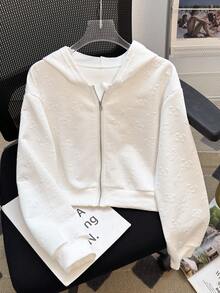 SHEIN 2 件套青少年女孩休闲拉链短款连帽外套和高腰松紧腰白色短裤套装 - 白色 - 查看 4