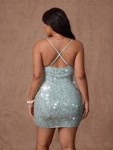 Rustia 大码不对称亮片闪光奢华连衣裙 - 綠色 - 查看 3