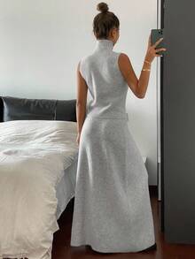 DAZY 2 件纯色修身高领无袖上衣和裙子针织毛衣套装，秋冬休闲优雅 - 灰色 - 查看 2