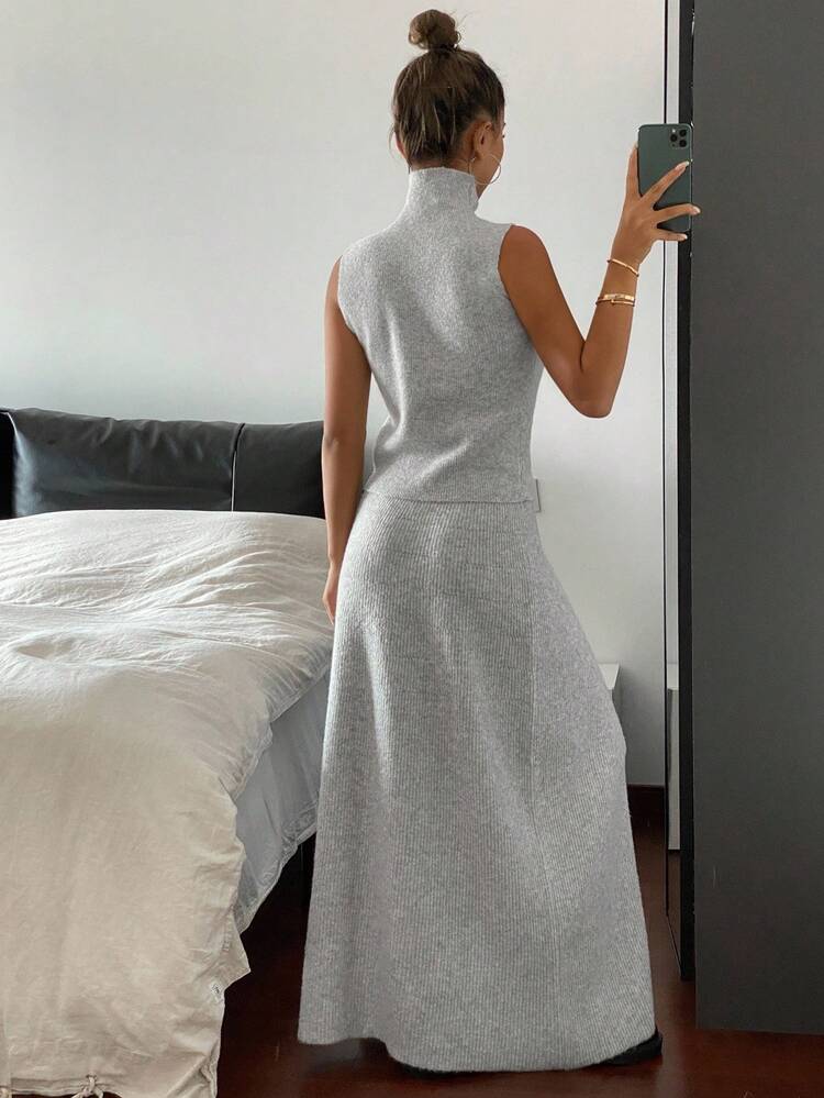 2pcs Solid Color Fitted Turtleneck Sleeveless Top And Skirt Knit Sweater Set, Casual Elegant For Autumn/Winter