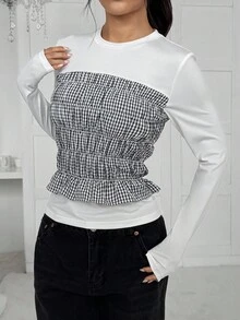 SHEIN EZwear 休闲格纹拼布二合一T恤，春秋季 - 彩色 - 查看 4