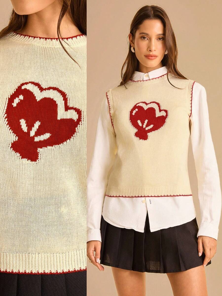 CAJUNI Women's Shell Pattern Knit Round Neck Vest, Casual & Retro In Fall/Winter - Cream - View 1