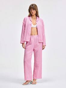 LOUNGEISTA Conjunto de pijama de 2 piezas para mujer con blusa de manga larga con botones a rayas y pantalón con cordón, ropa de otoño - Rosa Fucsia - Ver 3