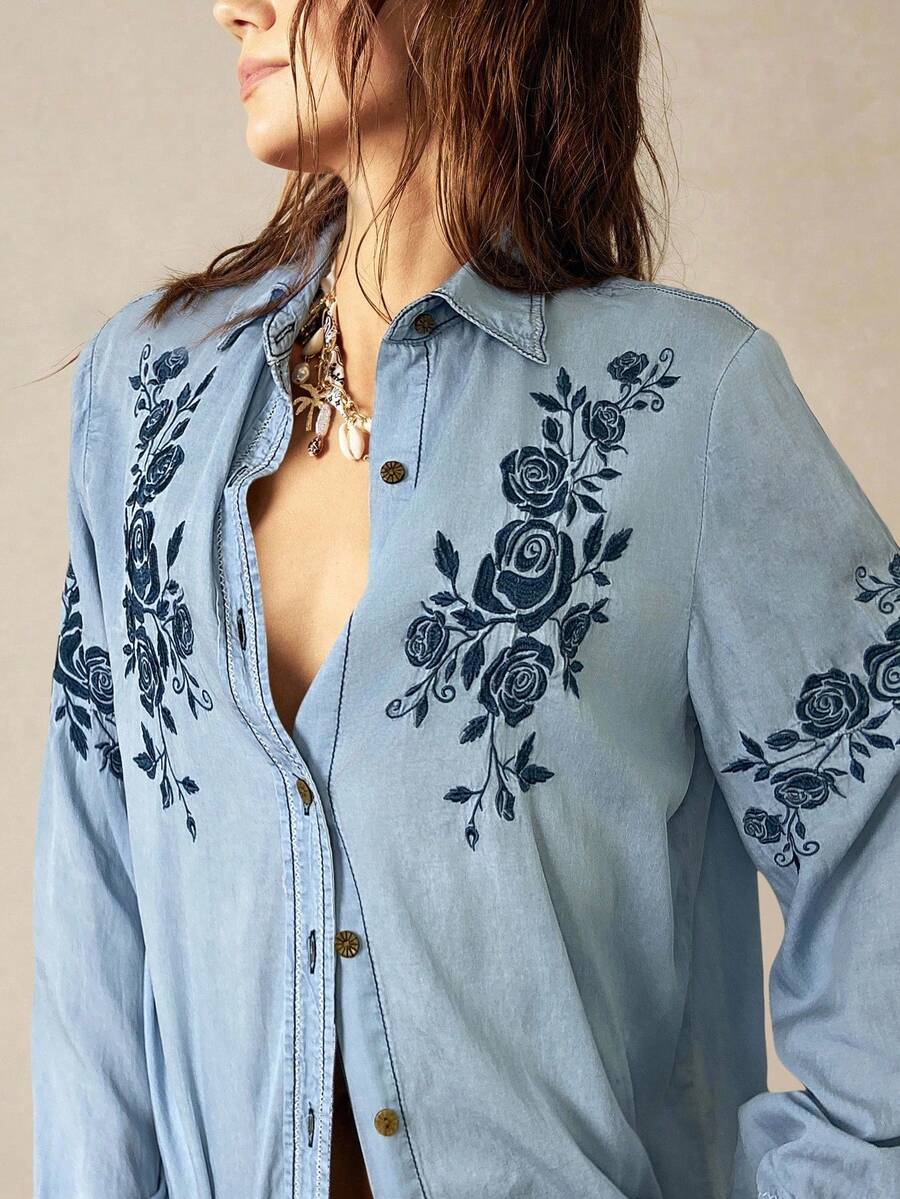 Bohemela Áo sơ mi nữ tay dài cổ bẻ thêu denim màu trơn đơn giản thoải mái - Màu xanh nhạt - Xem 1