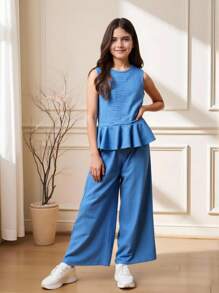 SHEIN 2pcs Girls Sleeveless Ruffle Trim Top And Wide Leg Pants Set, Casual Vacation Daily Outfit
