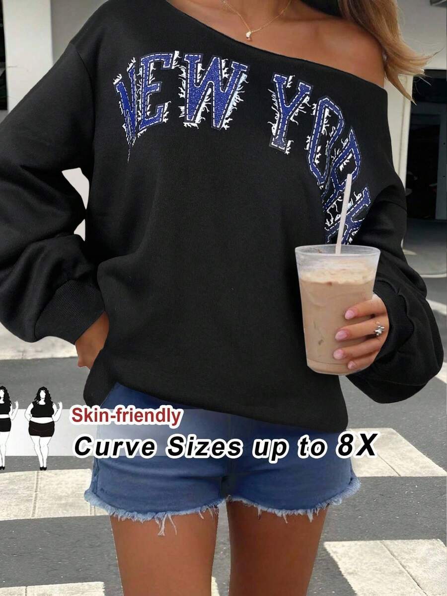 SHEIN CURVE+ 大码休闲秋冬字母印花卫衣 - 黑色 - 查看 1