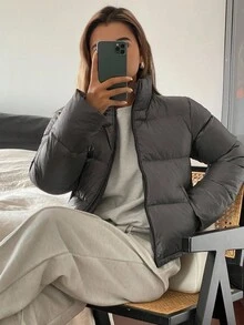 DAZY 女士棉衣冬季外套立领短款保暖内里加厚宽松欧美风街头时尚短款夹克冬 - 灰色 - 查看 4