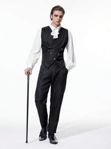 ROMWE MEN Men's Gothic Vest, Single Pocket Button Shawl Neck Halloween, Fall - Black - View 11