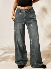 Easelle 时尚水洗水钻装饰阔腿牛仔裤 - 藍色 - 查看 4