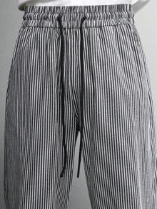 SUMWON 棉质高腰阔腿条纹阔腿裤，前褶筒形剪裁，适合办公室职业裤，四季皆宜 - 黑與白 - 查看 6