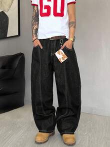 STEELVANCE 男士休闲时尚街头撞色缝线宽松阔腿牛仔裤，不含腰带，垃圾摇滚 - 黑色 - 查看 3