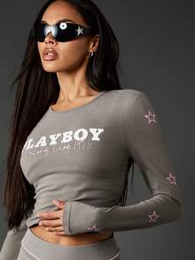 Missguided x Playboy Cotton Racing Club Long Sleeve Crop Top With Star Embellishments Vintage Style Streetwear - Dark Grey - View 4