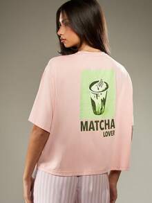 MISSGUIDED Matcha Lover 粉色睡衣套装超大 T 恤搭配条纹休闲裤舒适睡衣冬季睡衣睡前休闲服舒适柔软 - 粉色 - 查看 4
