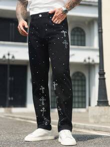 Manfinity LEGND 男士街头时尚十字水钻装饰口袋牛仔裤 - 黑色 - 查看 3