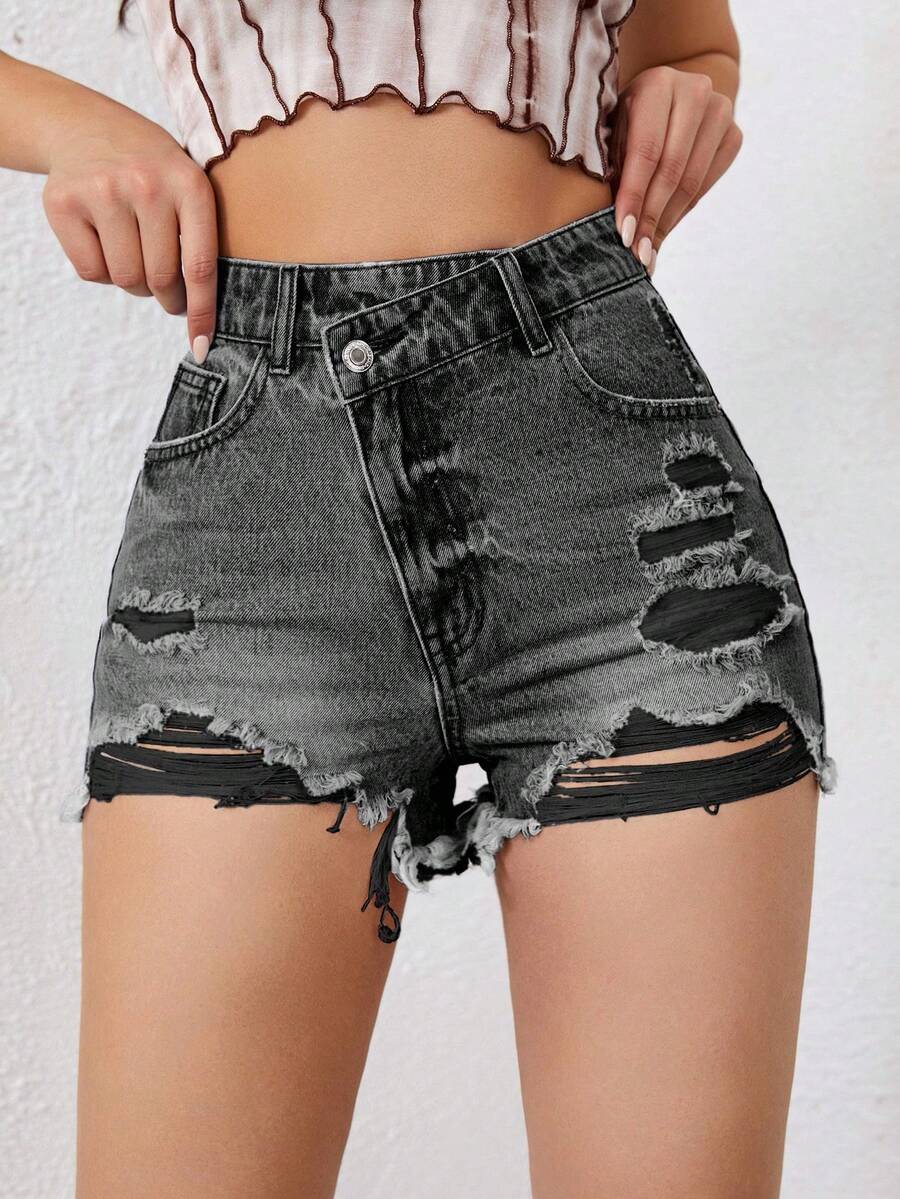 SHEIN ICON 女式不对称腰部口袋做旧休闲牛仔短裤 - 灰色 - 查看 1