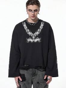 ROMWE MEN Goth Sudadera de cuello redondo de manga larga con estampado gótico para hombre, otoño - Negro - Ver 4