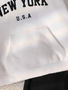2pcs Young Boys White Autumn Back-To-School Career Day Letter Embroidered Fuzzy Collar Jacket,Elastic Waist Pants,Kids Jogger Hoodie Sweatpants Set - Black and White - View 6
