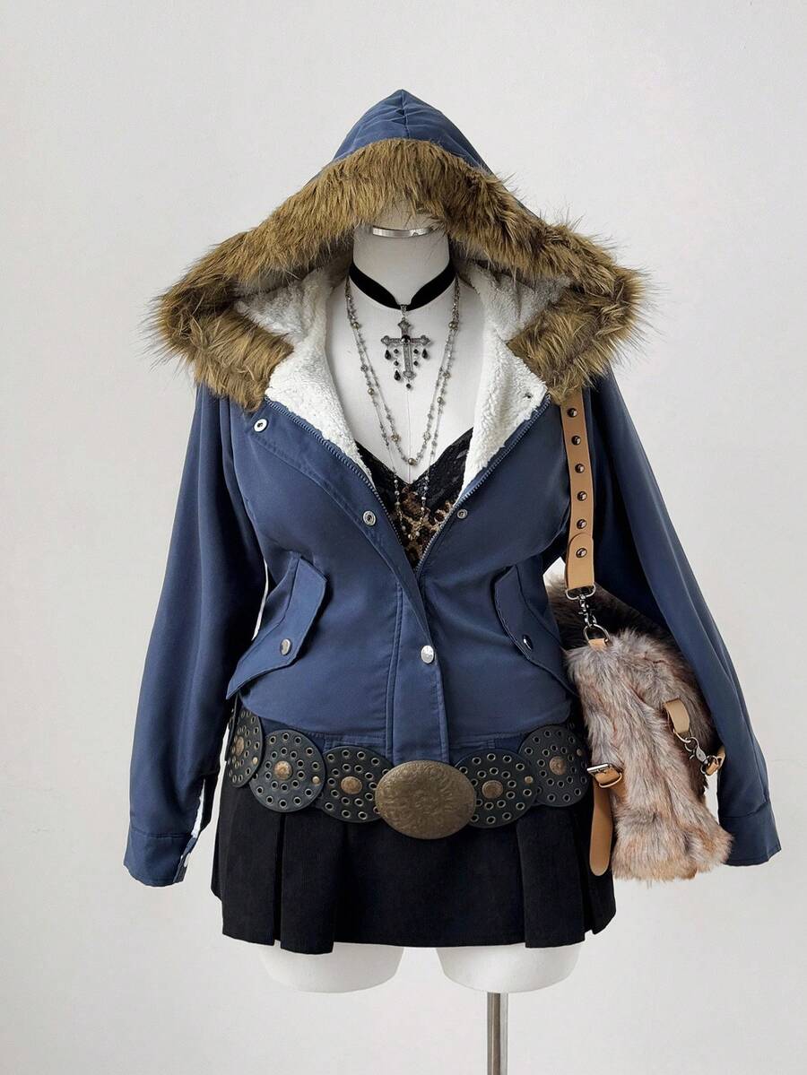 Sweetra Plus Size Fur Collar Hooded Fashion Design Fleece Casual Jacket Vintage Fall Winter Cloth For Women Autumn - Multicolor - View 1