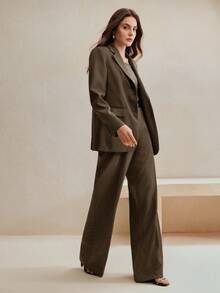 Anewsta 2 件女士优雅梅拉德色西装套装：西装外套 + 直筒裤，适合秋季、外出、正式、派对、时尚、新年、圣诞节、工作、毕业、婚礼 - 棕色 - 查看 6