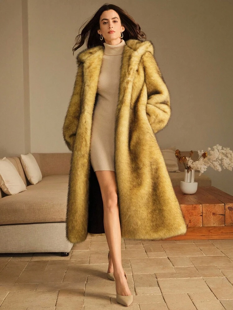 秋冬新作 エレガントなレディース フォックスファー調ロングコート、ファッショナブルなラグジュアリーファーフワフワアウターウェア