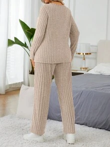 Calvaya 2pcs Fitted Casual Ribbed Brushed Long Sleeve Top With Built-In Padded Bra And Pants Set - Khaki - View 2