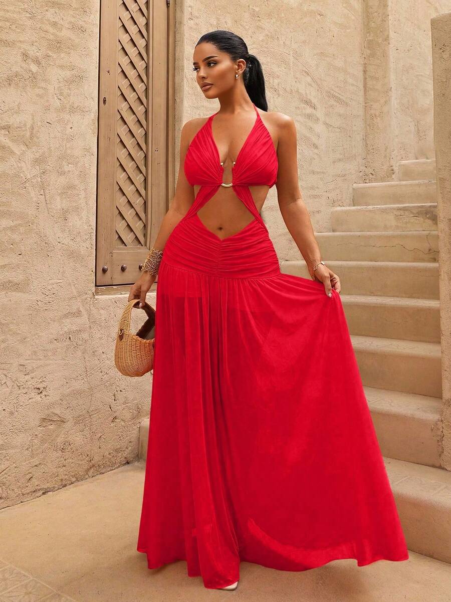 Sirith 女式纯色金属环连接镂空设计褶饰性感吊带连衣裙 - 紅色 - 查看 1