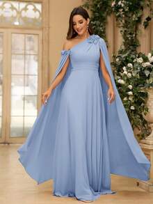 SHEIN Belle 优雅花卉 3D 飘逸袖子不对称肩部雪纺伴娘礼服，女士正式晚礼服（缀饰） - 淺藍色 - 查看 7