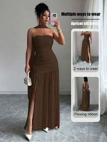 Elenzga Fashionable New Solid Color Glossy Fabric Strapless Long Flowy Ruched Waist Slit Hem Dress, Suitable For Weddings, Graduation Parties, Dates, Vacations