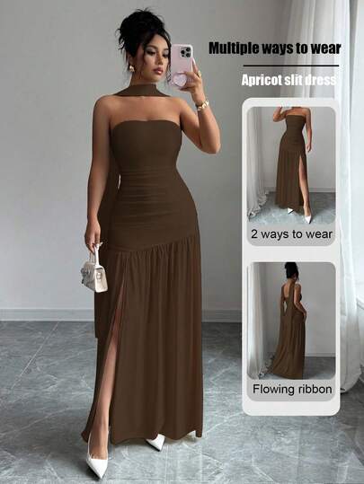 Elenzga 时尚新款纯色亮面面料露肩长款飘逸褶饰腰部开衩下摆连衣裙，适合婚礼、毕业派对、约会、度假