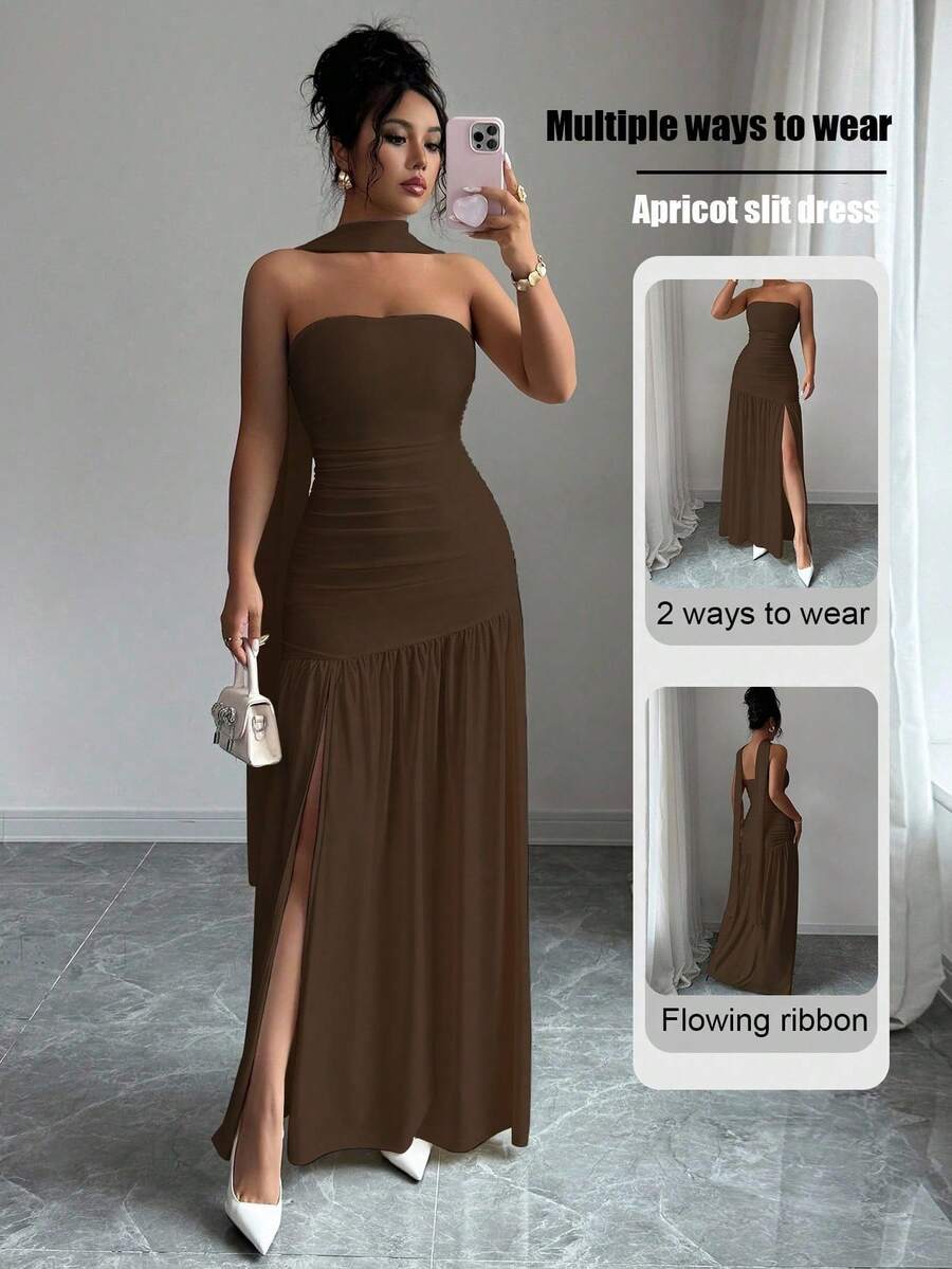 Elenzga Fashionable New Solid Color Glossy Fabric Strapless Long Flowy Ruched Waist Slit Hem Dress, Suitable For Weddings, Graduation Parties, Dates, Vacations