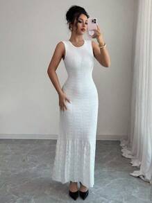 Elenzga Elegant Cream White Sleeveless Pearl Decor Round Neck Wedding Guest Dress, Autumn - White - View 1