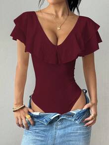 Rafferiza Women's Solid Color Ruffle Collar Fitted Elegant Bodysuit - Burgundy - View 3