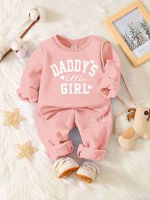 Soft Mist Pink "Daddy's Little Girl❤" Baby Girl Casual Thick Soft Long Sleeve Crew Neck Sweatshirt And Pants Tracksuit Set, Suitable For Autumn/Winter, Autumn Outfits For , Easy Comfort, Autumn Layers For Baby & Baby Girl, Stylish Baby Girl, Casual Wear, Baby Girl Graphic Tracksuit, Fall Clothes - Pink - View 2