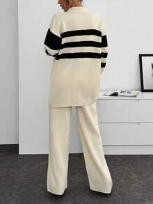 EURMUSE Women Stripe Pattern Polo Neck Drop Shoulder Pullover & Sweater Pants Set Knit Two Piece Set Knit Pants Set Womens Knit Set Two Piece Pants Set Striped Knit Set,Co Ord,Winter Clothes - Cream - View 2